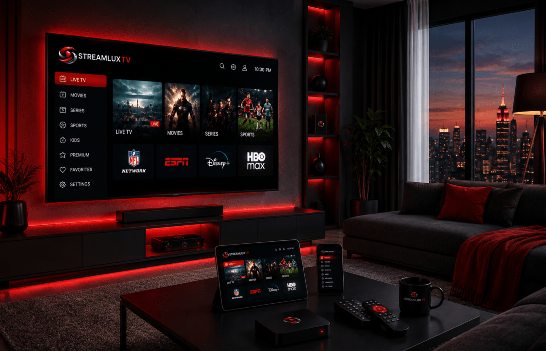 StreamLuxTV IPTV Free Trial 2026 on Smart TV and multiple streaming devices in a modern living room
