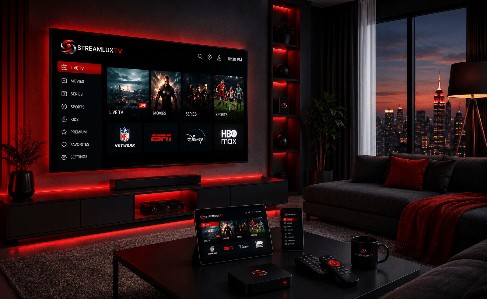 StreamLuxTV IPTV Free Trial 2026 on Smart TV and multiple streaming devices in a modern living room